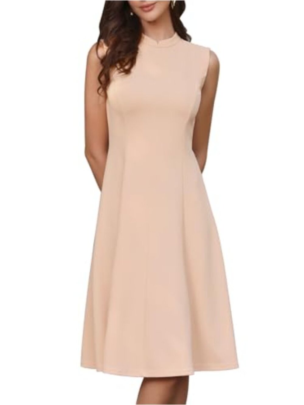 Sleeveless Mock Neck Solid Midi A-Line Dress